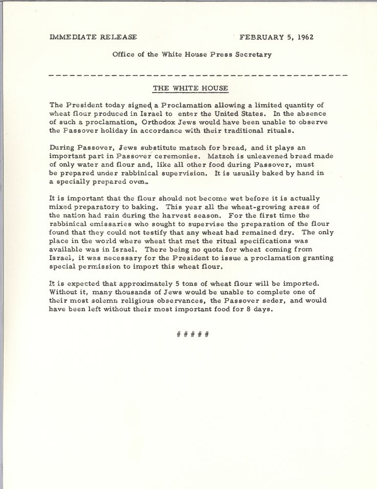 Press Release from the White House annoucning the importation of flour from Israel.