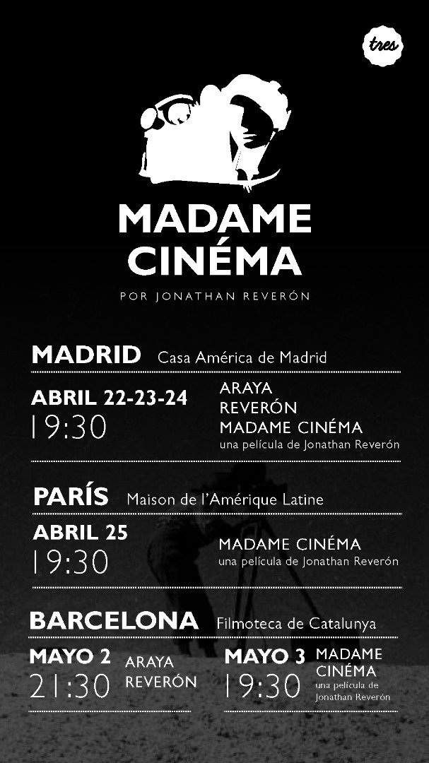 #Madrid, #París y #Barcelona, son las ciudades que recibirán a <a href="/elreveron/">Jonathan Reverón</a> para este merecido homenaje a #MargotBenacerraf. Araya, Reverón y <a href="/MadameCinema/">MADAME CINÉMA</a> son tres de las piezas que proyectaremos. En el flyer más información.  #SomosMásQueTres #Cine #España #Francia #Venezuela