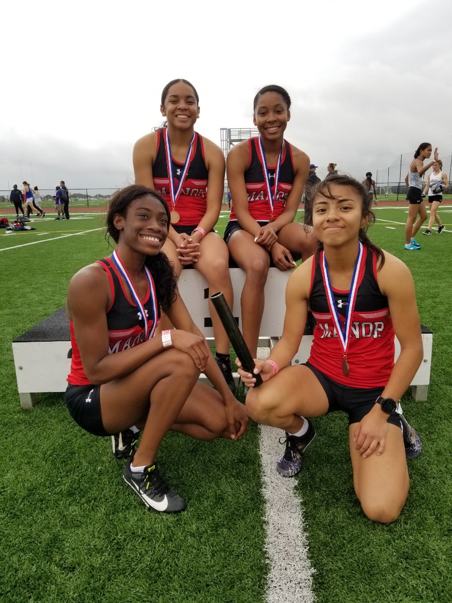 ManorHS's tweet photo. Manor Track Pride!!! Girls 4x4 qualifies, Lavonte B. won the 400m, and Rofiat A. Area Champion for Long Jump. #HeadedtoRegionals #MustangPride #WAMM @ManorISD https://t.co/u2R1bDkRsu