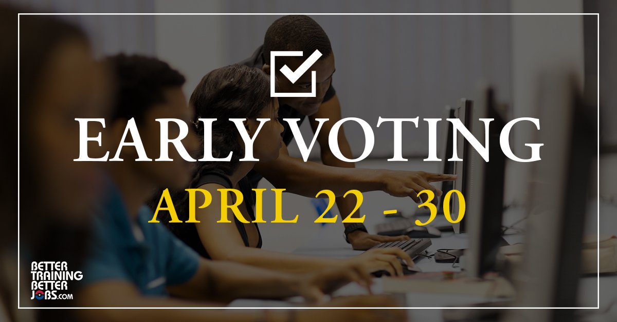 BtrTrainBtrJobs's tweet photo. Early Voting begins next week April 22nd and ends April 30th! There are typically short (or even no) wait times during this time. Save time before Election Day! Find a voting location near you: https://t.co/s70QTQbact https://t.co/4XoHjPVF03