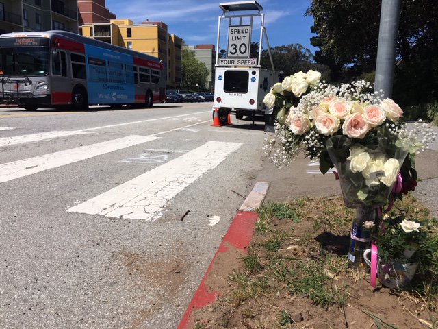 KPIXtv's tweet image. Flowers in #SanFrancisco on John Muir Drive by #LakeMerced for 14-year-old  Madlen Koteva. The teen was struck and killed when she crossed the busy road last month 📸@DonKPIX 
kpix.com
