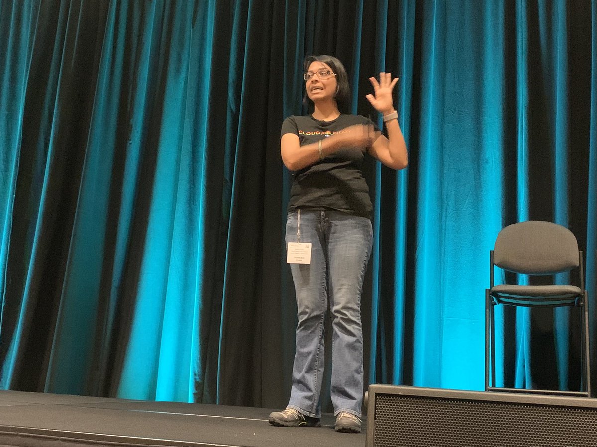 A Good Friday morning keynote from <a href="/skpodila/">Swarna (she/her)</a> at <a href="/ContainerWrld/">Container World 2019</a>. 

She encourages all to build bridges to your core value. In <a href="/cloudfoundry/">Cloud Foundry</a>’s case it’s developer experience. 

In Swarna’s case, it’s kindness. 🙏🏻