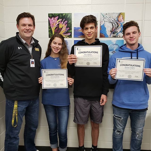 Congratulations to Brett Lougheed, Sam Darlow & Michael Hughes for their championship performance at the Piedmont Regional Technology Competition.
Brett won for Project Programming and Sam & Michael won for Digital Game Design.
#chiefsleadtheway #gochiefs bit.ly/2IKE6Pw