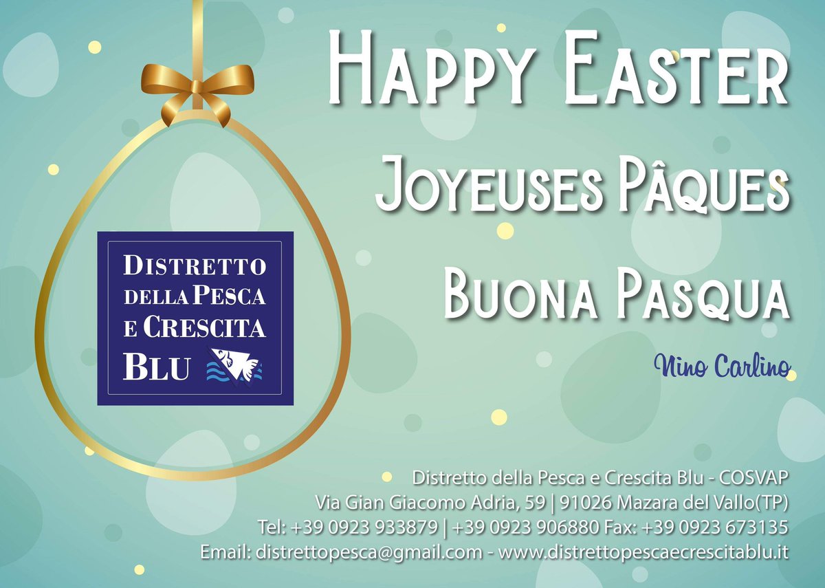 Il presidente del Distretto della Pesca e Crescita Blu Nino Carlino e tutto lo staff di Blue Sea Land, augurano 
una felice Pasqua a tutti i loro amici social 
#buonaPasqua #joyeusesPâques #happyEaster #bluesealand2019