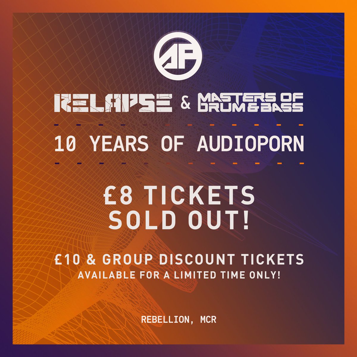 Masters of Drum & Bass (@mastersofdnb) on Twitter photo Just 8 days to go before <a href="/AudiopornRecs/">AudioPorn Records</a> invades #Manchester with the one & only <a href="/ShimonAudioporn/">Shimon Audioporn</a>, <a href="/bennyl_dnb/">Benny L</a>, <a href="/Trimerdon/">Trimerdon 😎</a>, <a href="/Ginodnb/">Gino</a>, <a href="/jackwarhead/">Warhead💣</a>, <a href="/travestyaudio/">Travesty</a>, <a href="/SubConsciousDnB/">Sub:Conscious</a> & loads more :)
£8 = SOLD OUT
£10 = MOVING FAST
GROUP DISCOUNTS = LIMITED
skiddle.com/e/13463927 Just 8 days to go before <a href="/AudiopornRecs/">AudioPorn Records</a> invades #Manchester with the one & only <a href="/ShimonAudioporn/">Shimon Audioporn</a>, <a href="/bennyl_dnb/">Benny L</a>, <a href="/Trimerdon/">Trimerdon 😎</a>, <a href="/Ginodnb/">Gino</a>, <a href="/jackwarhead/">Warhead💣</a>, <a href="/travestyaudio/">Travesty</a>, <a href="/SubConsciousDnB/">Sub:Conscious</a> & loads more :)
£8 = SOLD OUT
£10 = MOVING FAST
GROUP DISCOUNTS = LIMITED
skiddle.com/e/13463927