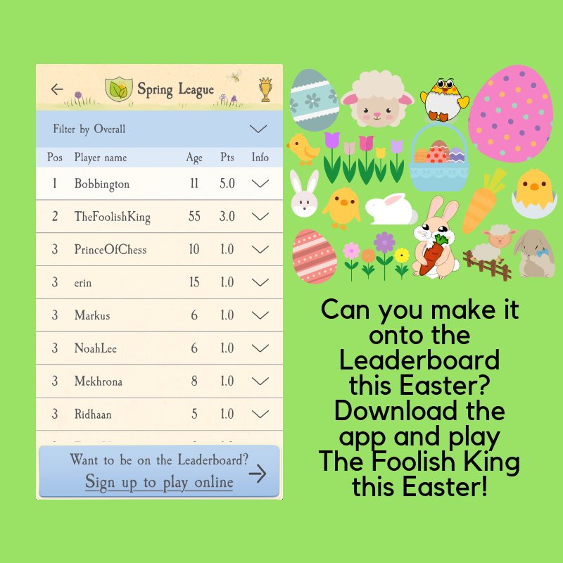 the_foolishking's tweet photo. Can you make it onto the leaderboard this Easter? Download and play on The Foolish King app this Easter!  #easter #chess #educational #forkids #family #chessfun #bunnies #easterbunny #fun #games #easteregg #thefoolishking #leaderboard #win https://t.co/erSvkMZTOx