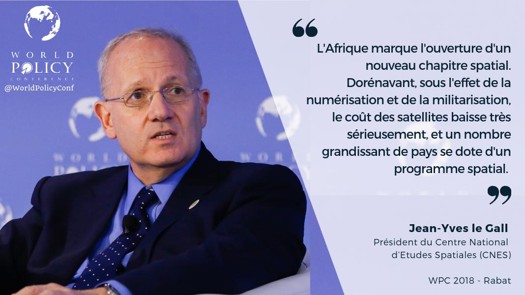 WorldPolicyConf's tweet photo. "Africa is now opening a #space chapter. Because of digitalization & militarization, the cost of the satellites is decreasing very strongly, and you have + and + countries that have a space program." @JY_LeGall, @CNES, @ESA & @IAfastro's President #WPC2018 https://t.co/iGtlHsDebU https://t.co/8WUv8bkPTX