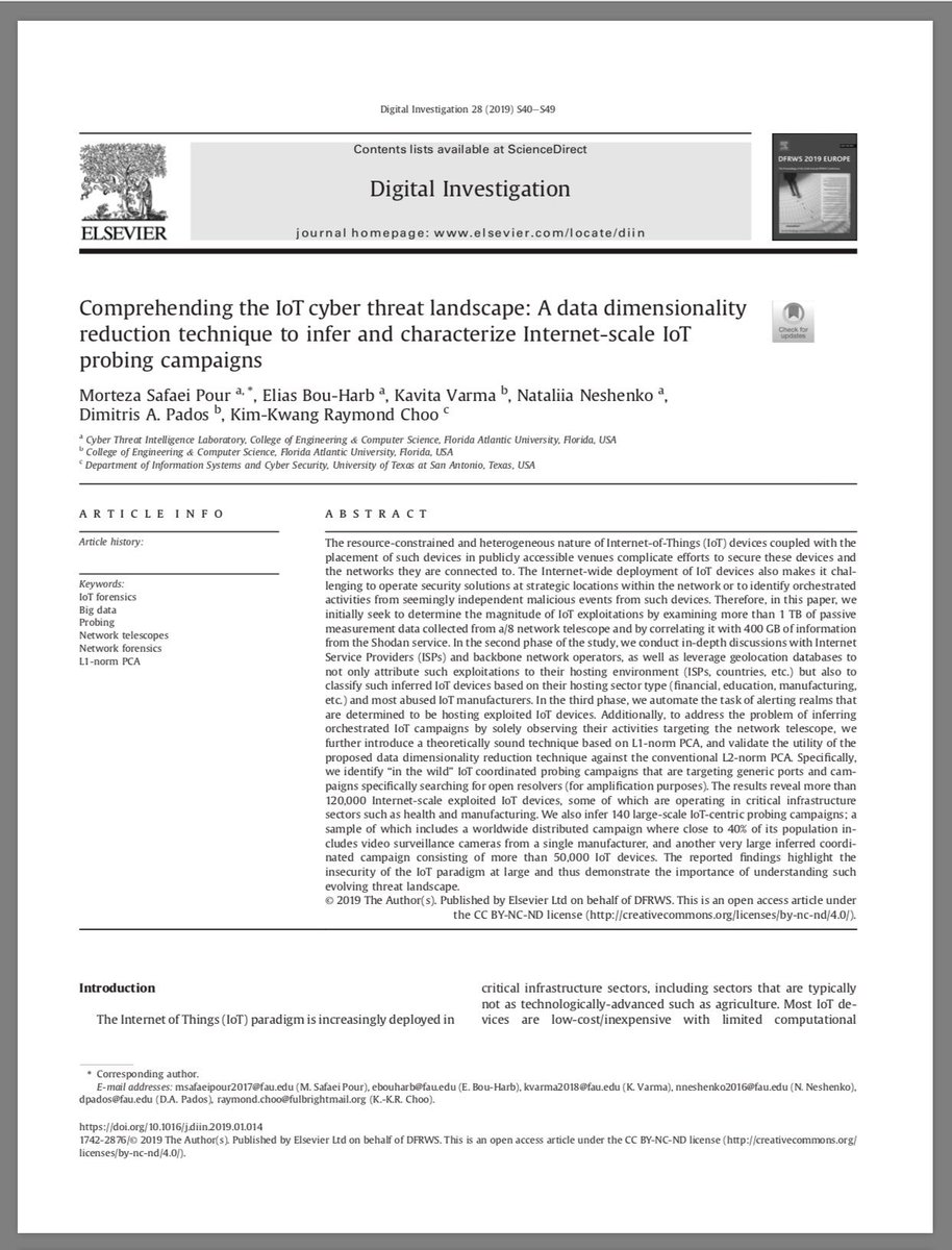 RaymondChooAu's tweet photo. Comprehending the #IoT #CyberThreat Landscape: A Data Dimensionality Reduction Technique to Infer and Characterize Internet-scale #IoTProbing Campaigns, #DFRWSEU 2019 https://t.co/Be62vifH5r #UTSA #UTSAResearch #CyberSecurity #digitalforensics #IoTSecurity #DFRWS #datareduction https://t.co/1syORQJQup