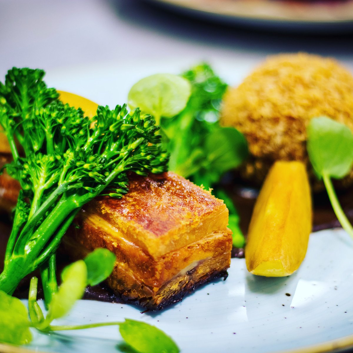 Confit belly of pork, sausage bonbon, balck pudding puree. #foodatsky <a href="/foodatsky/">Tristian Harmsworth</a> <a href="/workforsky/">LifeAtSky</a> <a href="/SkyUK/">Sky</a>