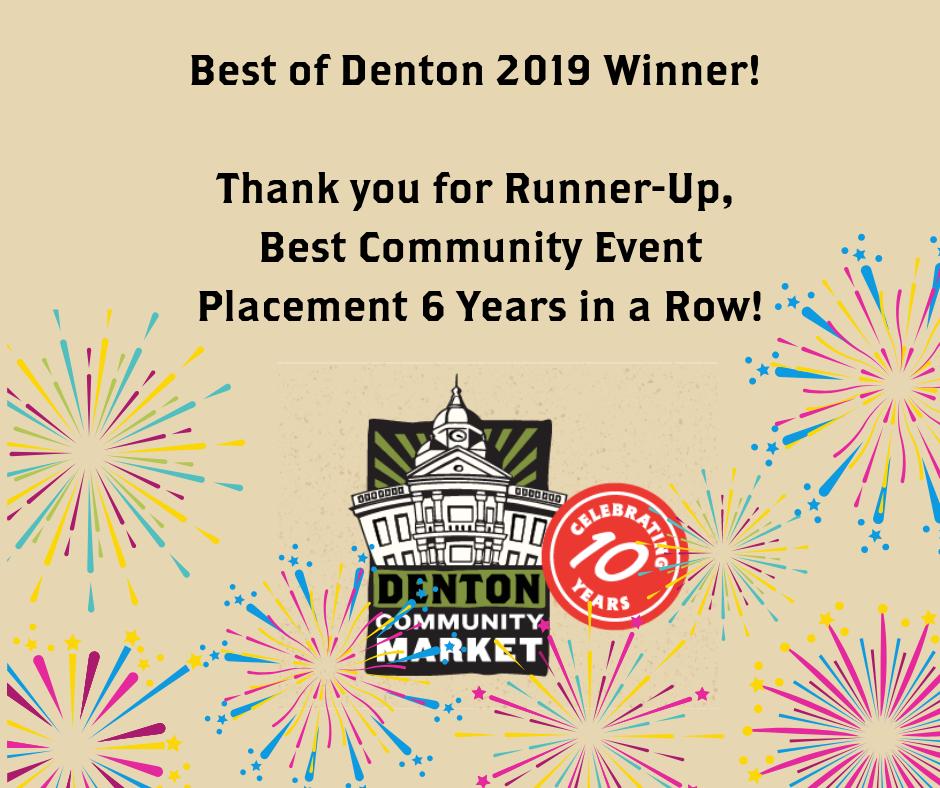 Thank you for runner-up vote, Best Community Event  in @DentonRc Best of Denton, 6th Year in a Row! Also 6 vendor start-ups were winners, too! #bestofdenton  #dentoning #dentontx <a href="/somadenton/">Soma Massage Therapy</a> Wildflower Art Studio <a href="/exploriumdenton/">Explorium - Denton’s Children Museum</a>  <a href="/ThePkldCarrot/">The Pickled Carrot</a> <a href="/juicelabdenton/">Juice Lab</a> <a href="/dimehandmade/">DIME</a>