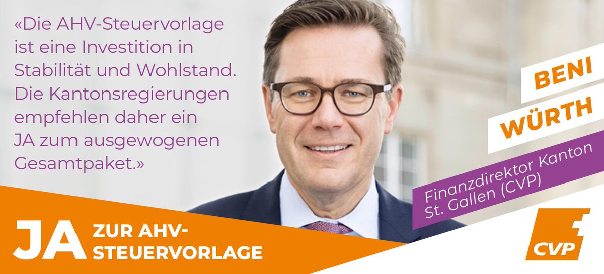 #CVP-Regierungsrat und Finanzdirektor des Kantons St. Gallen Beni Würth sagt klar JA zur AHV-Steuervorlage. JA zu zwei Pluspunkten für die Schweiz am 19. Mai! #STAF #AHV #SV17 #Abst19 <a href="/AHVSteuerJA/">AHV-Steuervorlage JA</a> 
➡ Mehr Informationen: cvp.ch/AHV-Steuervorl…