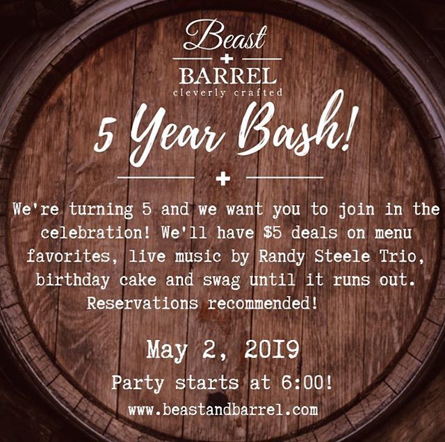 beastbarrel's tweet photo. Did someone say PARTY!?! On May 2 we're turning 5 and we want you to join in our 5 Year Bash! Come and enjoy $5 deals on B+B favorites, live music by the Randy Steele Trio birthday cake and swag until it runs out! The party starts at 6pm!!!
#beastandbarrel #partypants #5YearBash https://t.co/JeR9mdByYq