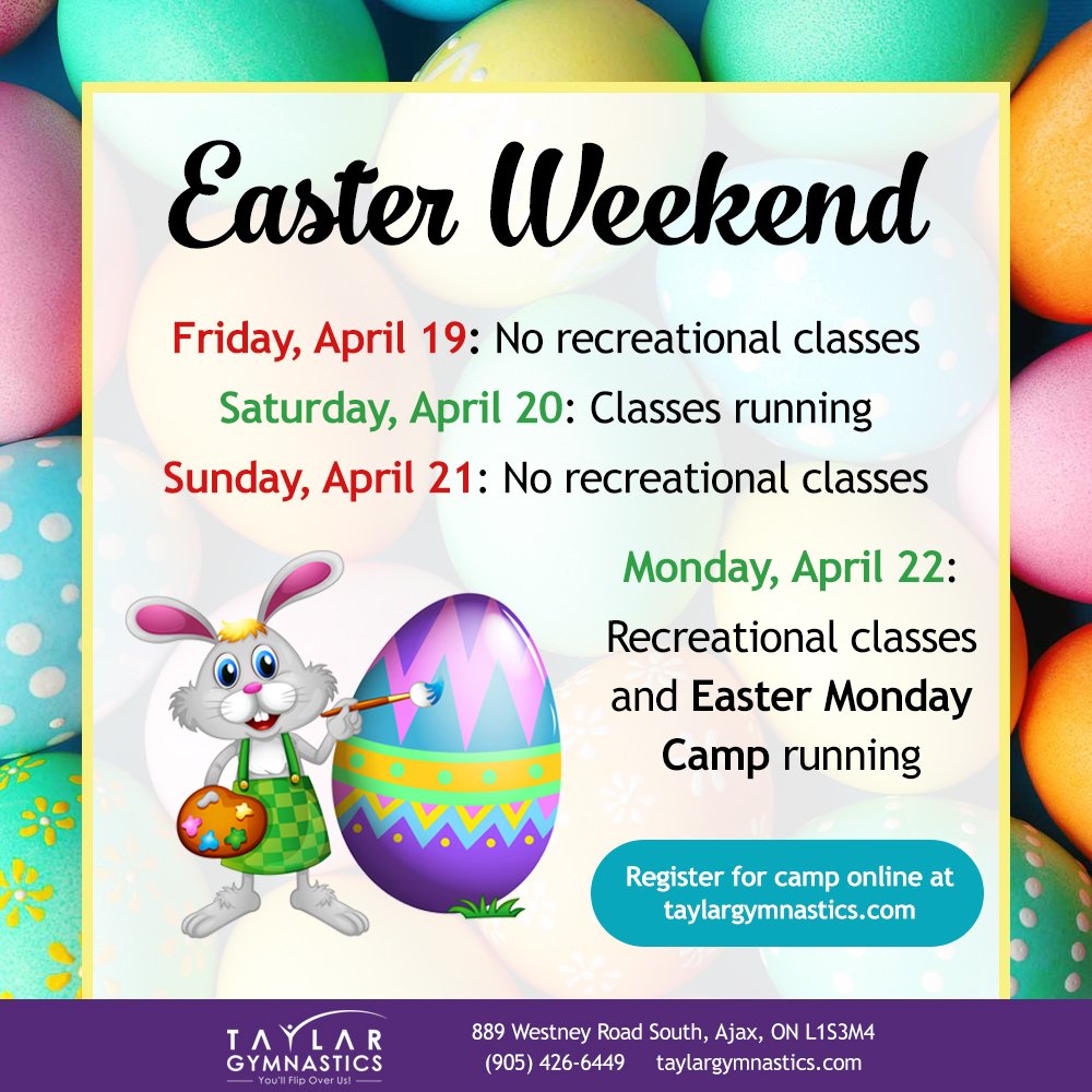 taylargym's tweet photo. Wishing you a great Easter weekend with family and friends! There are no classes running on Friday, April 19 or Sunday, April 21. Classes are running on a normal schedule on Saturday, April 20. On Monday, April 22, we are open for classes and Easter Camp (https://t.co/6kNFxm9y1Y) https://t.co/qQ96cp0lYz