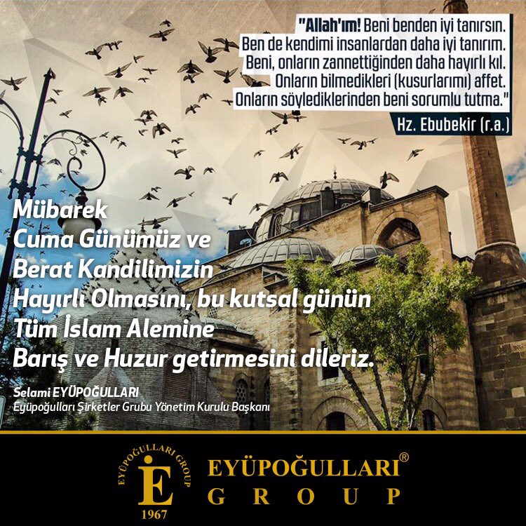 Mübarek Cuma günümüz ve  Berat kandilimizin Hayırlı olmasını bu kutsal günün Tüm İslam Alemine Barış ve Huzur getirmesini dileriz.

#BeratKandili 
<a href="/SEyupogullar/">Selami Eyupoğulları</a>