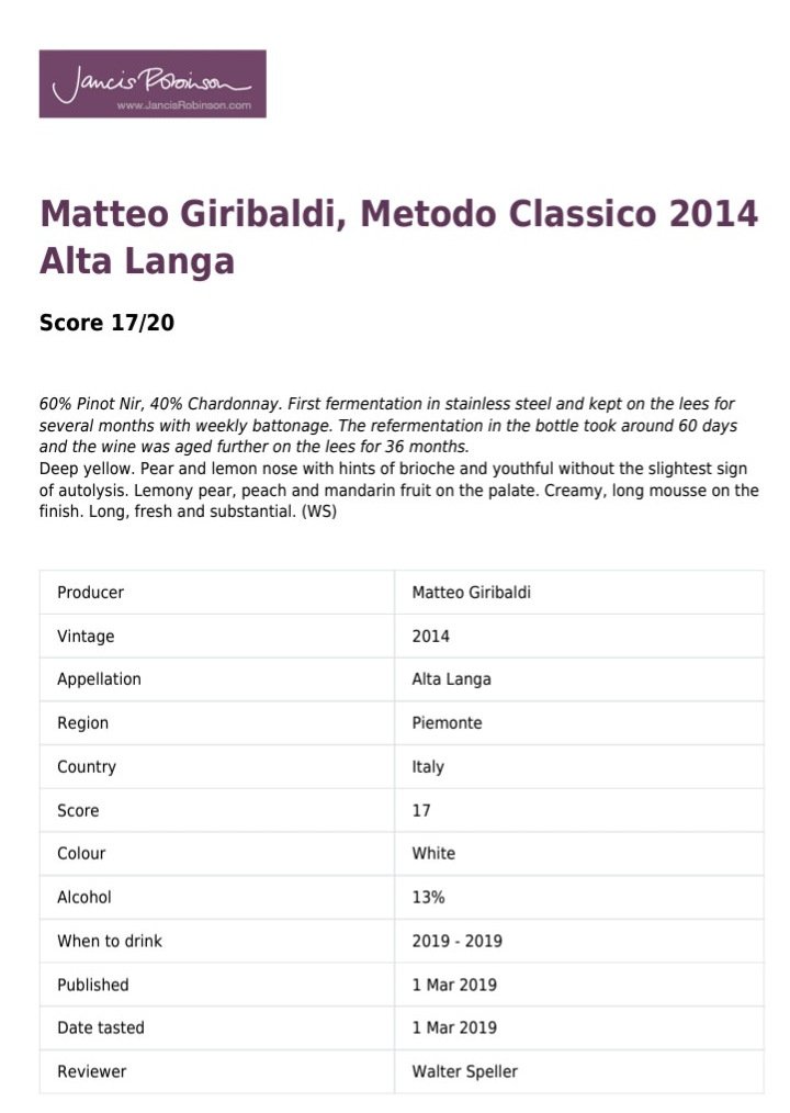 #Giribaldi #altalanga <a href="/AltaLangaDOCG/">Alta Langa DOCG</a> 17/20 from @WalterSpeller <a href="/JancisRobinson/">Jancis Robinson</a> "lemony pear, peach and mandarin fruit on the palate. Creamy, long mousse on the finish. Long fresh and substantial "(WS) <a href="/wine_mag/">Winemag.it</a> Bubbles of the future ! Thank you Walter