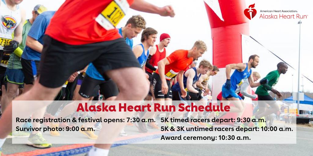 AmericanHeartAK's tweet photo. Schedule for tomorrow’s #AlaskaHeartRun. Arrive early and enjoy the pre-race festivities! Race info --> https://t.co/C9qFIKB4V4 https://t.co/rBhGVw7nrK