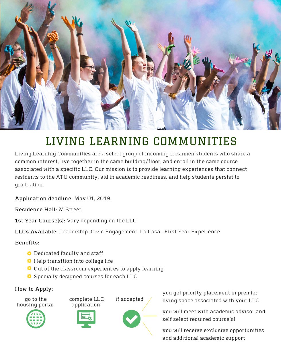 ATUResLife's tweet photo. #ATU23 want to sharpen your Spanish skills? Make a difference in the community? Develop as a leader? Have a community to support you from the get go? There is a LLC for that! Deadline to apply is May 1st. Apply through housing portal.#livinglearningcommunities https://t.co/pe6bnebuV9