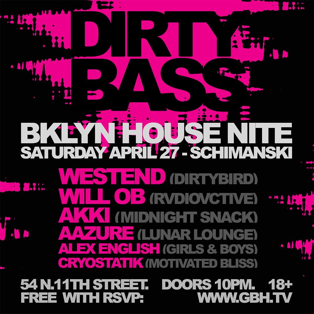 Free w/RSVP &amp; Info: bit.ly/2DjJVj4
A night of Bass house, bassline, UK Garage, Tech Funk &amp; G House with a stacked bill of Brooklyn's finest. 
Schimanski, BKLYN, Saturday April 27. 10pm. 18+
