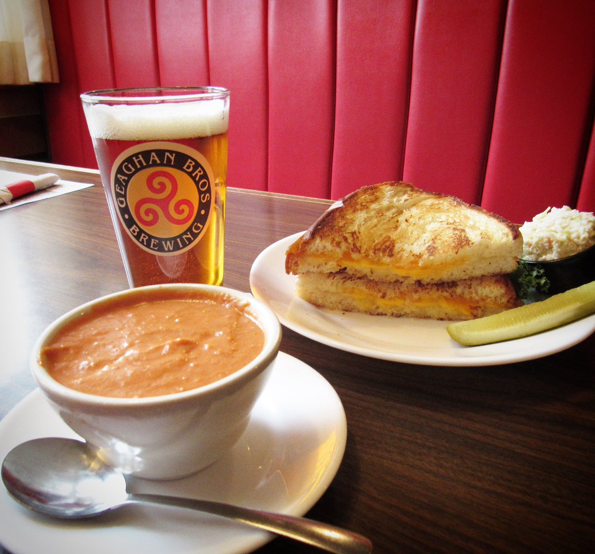 #heybangor wondering what’s for lunch? Our Soup &amp; Sandwich Special today is Cheese Lovers Melt &amp; Pat’s Famous Cream of Tomato Soup paired with a pickle &amp; house made coleslaw all for $7.99! 🍅🍞🧀