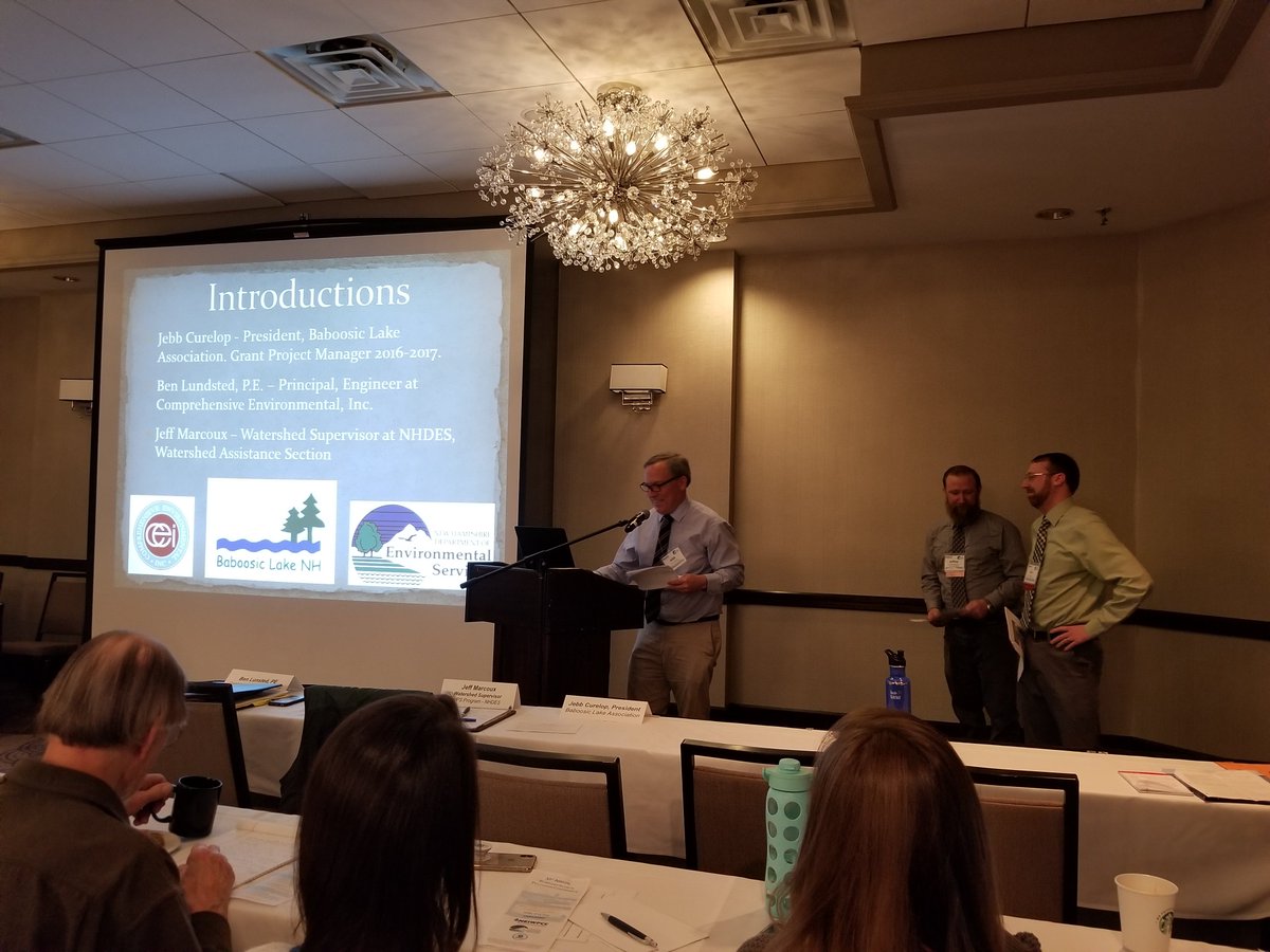 NHDES's tweet photo. Benjamin Lundstedd, from @CEIengineers , Jebb Curelop, from the Baboosic Lake Association, and Jeff Marcoux, from NHDES, talk about their experiences with working on Baboosic Lake's BMP. #NPS30NH #Watershed #WaterQuality #NutrientLoad #StormWater #BMP https://t.co/ZjWi6hEwmX