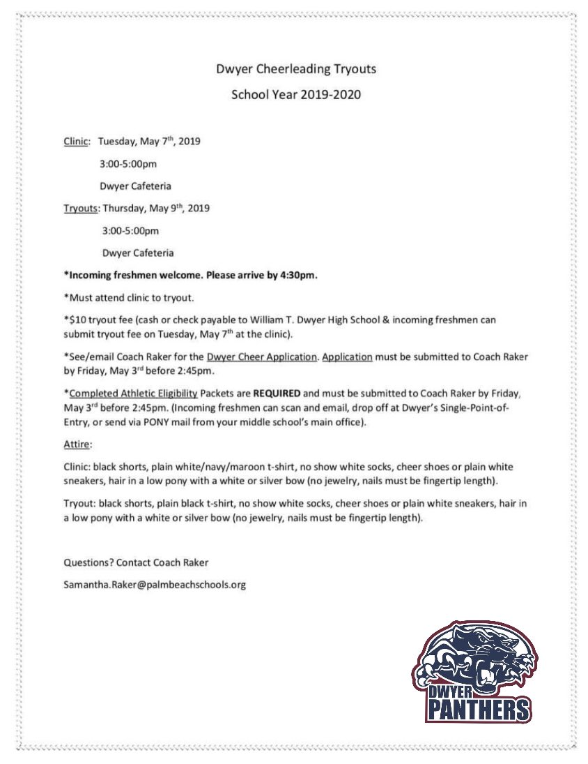 DwyerHS's tweet photo. 2019-2020 Dwyer HS Cheerleading tryout information. #WeAreDwyer #PantherPride #SchoolSpirit https://t.co/gZZ0A9fDNs