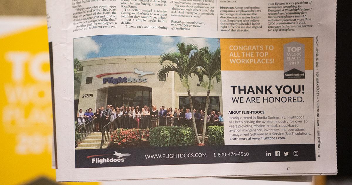 We are so excited to announce that Flightdocs has been selected as one of South Florida’s Top Workplaces by the South Florida Sun Sentinel. Thank you to all our employees for making Flightdocs #ThePlaceToBe! #ThisIsFlightdocs