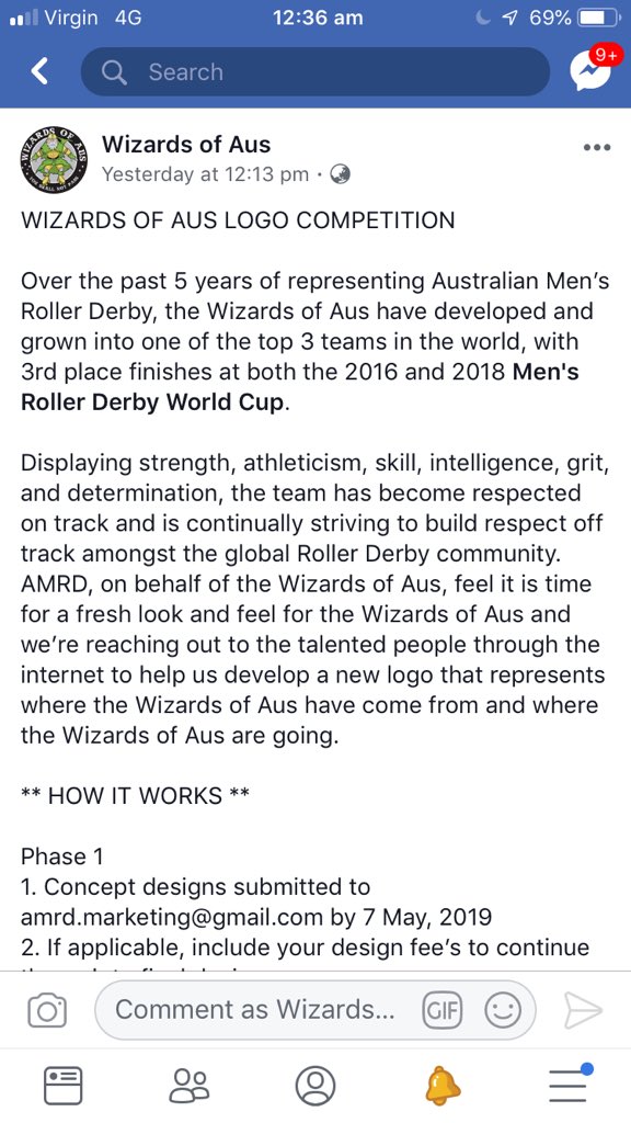 AustraliaMRD's tweet photo. Wizards of Aus 🧙‍♂️ have announced a new logo competition. Help us refresh our look for the 2020 Men’s Roller Derby World Cup &amp; beyond 🚀. #rollerderby #derbytwitter 💚💛 https://t.co/3ykEOCgAsM