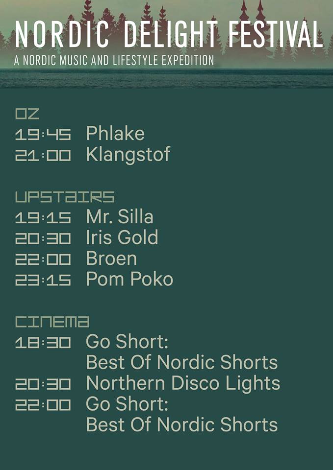 Nordic Delight Festival morgen (ZA 20 april)  <a href="/melkweg/">Melkweg</a>  Info  &amp; tickets: melkweg.nl/nordicdelight LIVE music of <a href="/klangstof/">klangstof</a>  <a href="/broenband/">Broen</a> <a href="/pompokotheband/">Pom Poko</a> from Norway, <a href="/irisgoldmusic/">Iris Gold</a> and  <a href="/phlakemansion/">phlake</a> from Denmark and Mr. Silla from Iceland <a href="/mumtheband/">múm</a> &amp;  best nordic cinema!