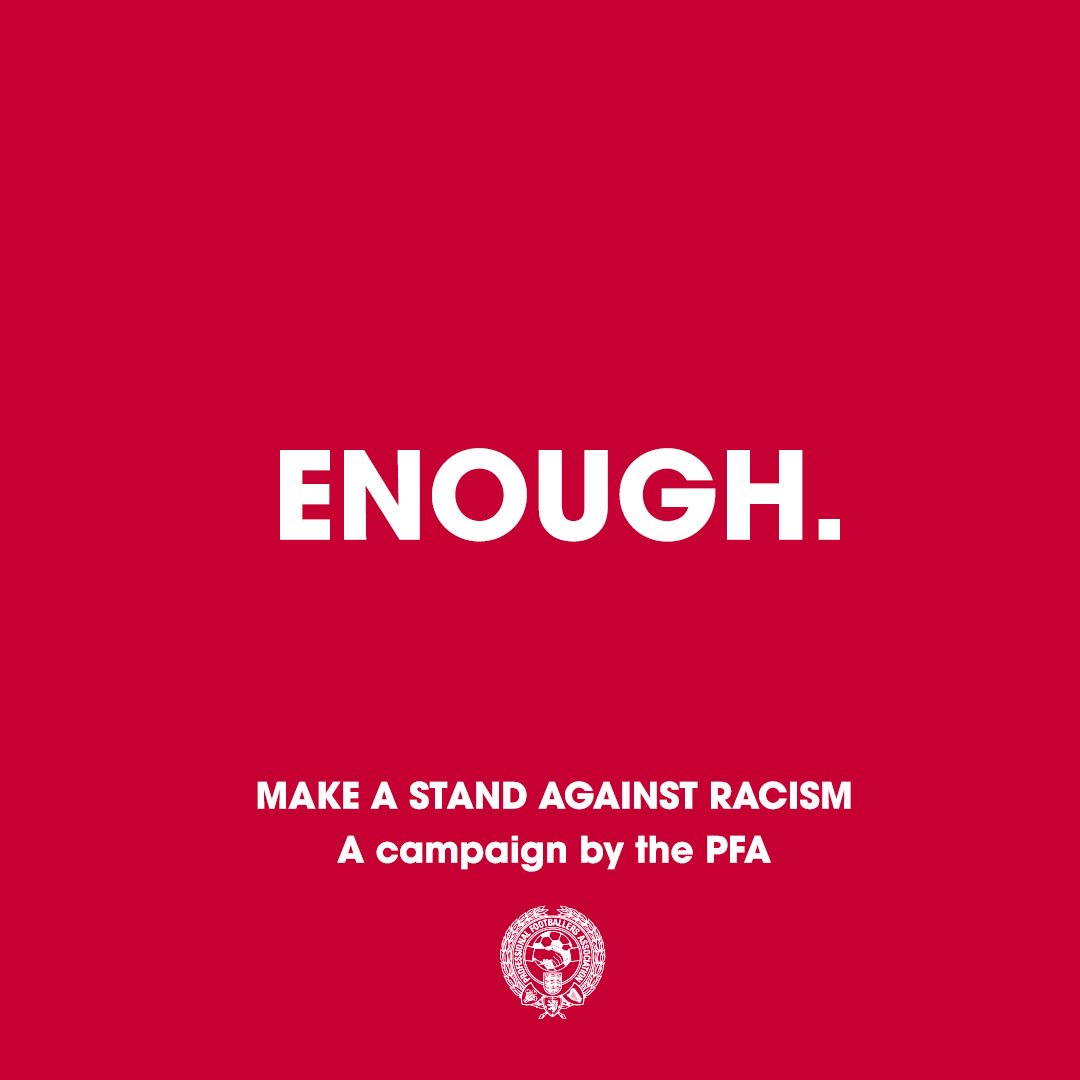 #Enough

We are making a stand against racist abuse.

We recognise that our platforms come with responsibility, and so we are using our voice to stand against racist abuse.

Together, we are calling on social media platforms and footballing bodies to do more!