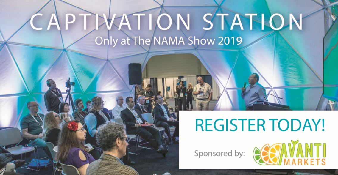 NAMAvending's tweet photo. The Captivation Station, sponsored by @avanti_markets, will feature 20 minute sessions on topics like building customer success, selling micro markets, merchandising tactics, mobile payments, consumer habits and more! Don't miss it Wednesday & Thursday at #TheNAMAShow! https://t.co/lWiMWENa0w