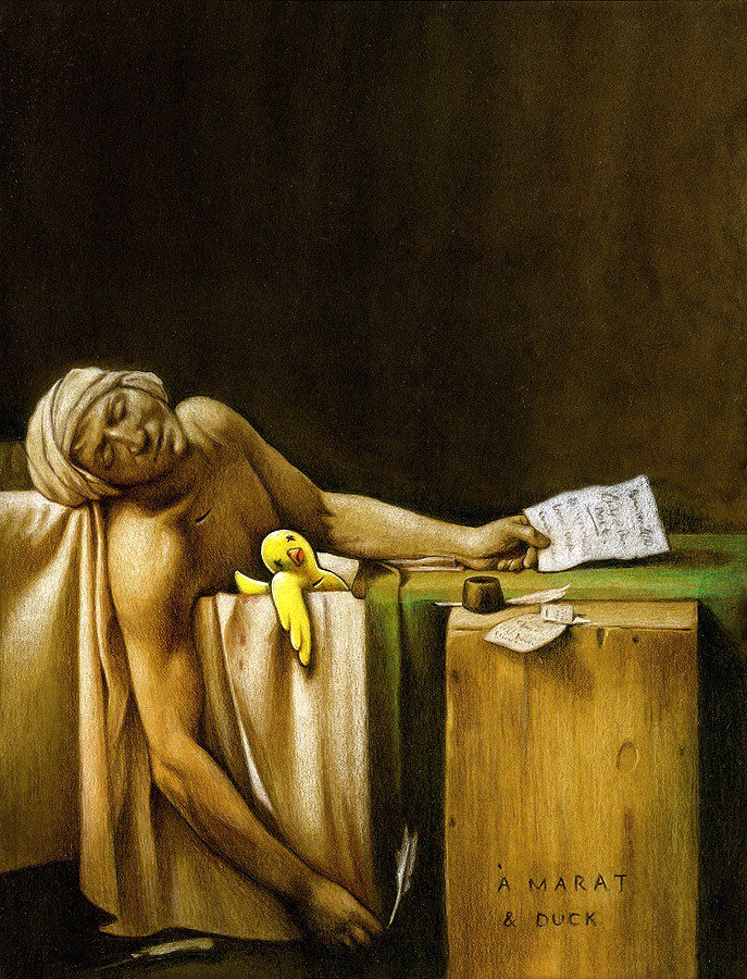 AZiHeron's tweet photo. The Death of Marat and Duck" ( based on "The Death of Marat" Jacques-Louis David) by Pawel Kuczynski
#tpiotd #art #artist #Revolution #France #revolutionary #death #murder #assassination #FridayThoughts #humor #satire #symbolism #writing #history #meaning #RubberDucky #society https://t.co/3aHd9qAugm
