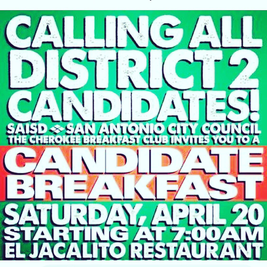 VoteSalenaD2's tweet photo. Join us for the candidate breakfast at 7AM.  We look forward to seeing you there. #SHHS #Breakfast #VoteSalenaD2 #SATX #EastsideSA https://t.co/6bGnFvGHbq