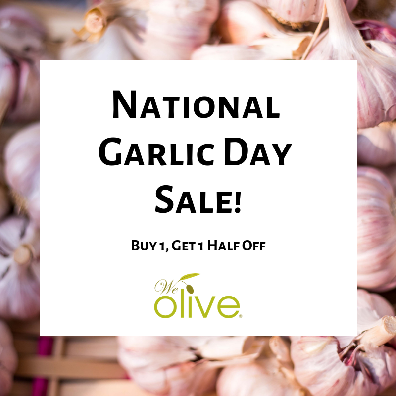 WeOlivePasadena's tweet photo. It's National Garlic Day! Buy any bottle of bulk We Olive Oil or Vinegar and get a bottle of Fresh Garlic Olive Oil at half off! Offer valid April 19, 2019 on any size bottle. Offer not valid on refills. 50% off on bottle of equal or smaller size. https://t.co/eeFDxAnTjf