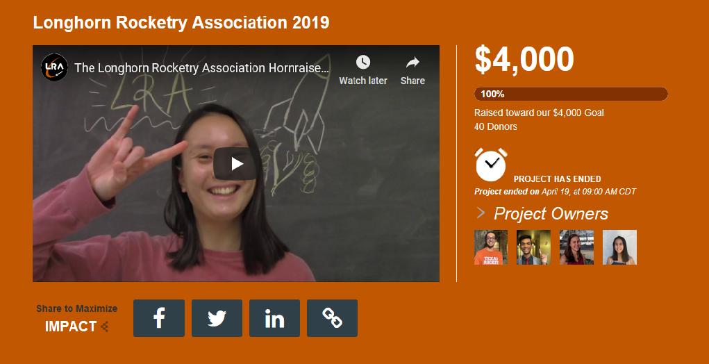 UTexasRocketry's tweet photo. Wow! We completed our goal of raising $4,000 in 30 days! In addition to Hornraiser, during UT40for40, we raised over $2,000 for LRA! Thank you SO MUCH to everyone that has supported us. We hope you are now aware of how passionate we are about what we do! Hook 'em! https://t.co/TJpm7fPyLd