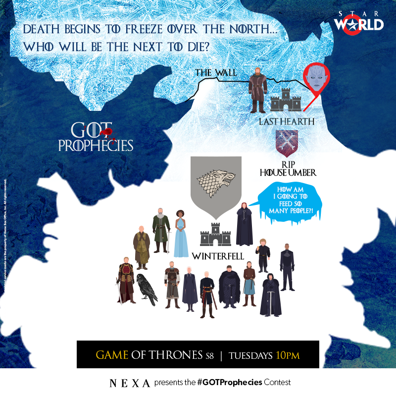 StarWorldIndia's tweet photo. Who’s next on the #NightKing’s deadly rampage? Predict the death(s) in the next episode to win exclusive #GameOfThrones merch. Include #GOTProphecies and @starworldindia in your answers. #CreateInspire @NEXAExperience #GOTFinalSeason #GOT8 #GOTS8
T&C - https://t.co/FyWNdeJQtJ https://t.co/dTAGe5muuP