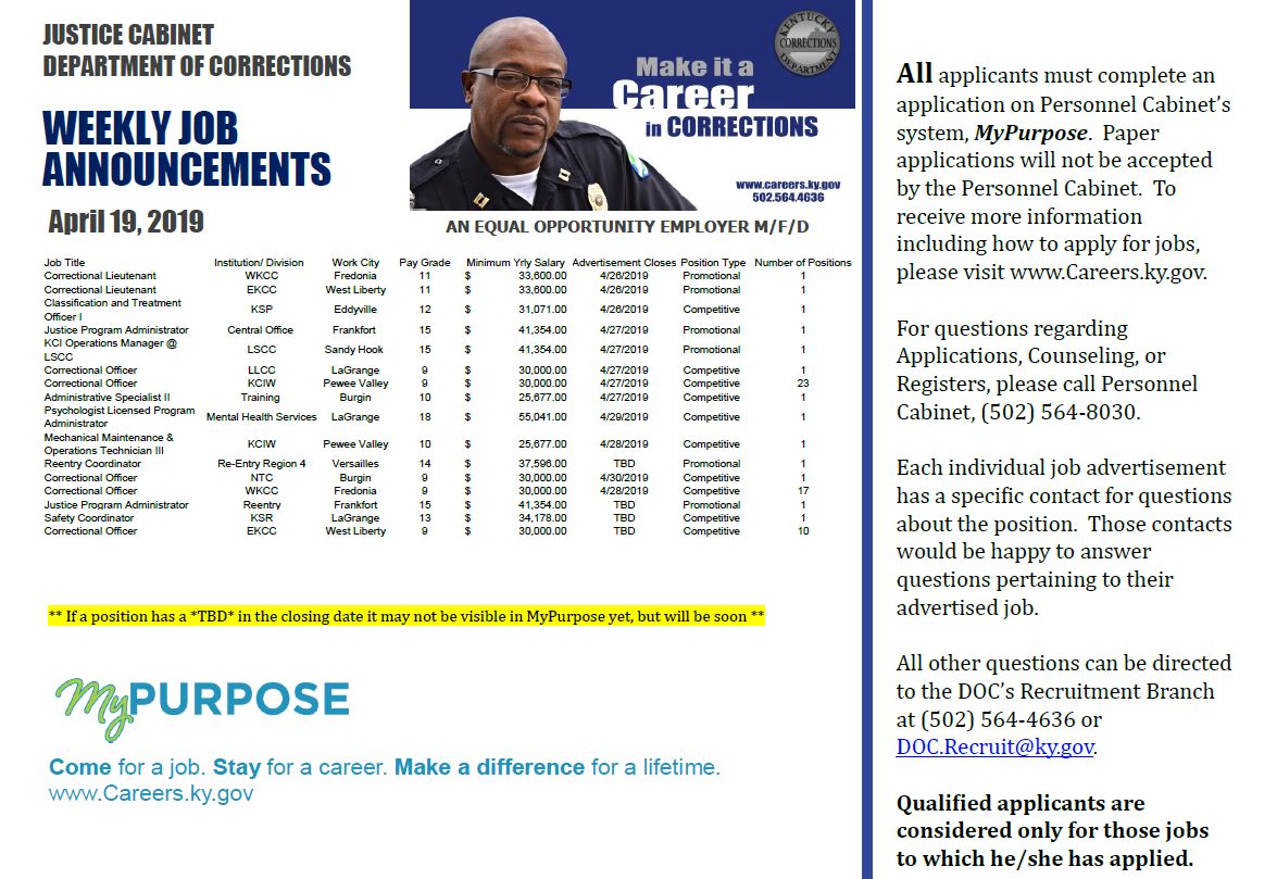 KYCorrections's tweet photo. #KYDOC weekly job announcements - Apply today! Visit https://t.co/FpLPntJDsl or email DOC.Recruit@ky.gov for more information. #KYDOCCAREERS #MakeCourageYourCareer *Please Share* https://t.co/99nchCyX7w