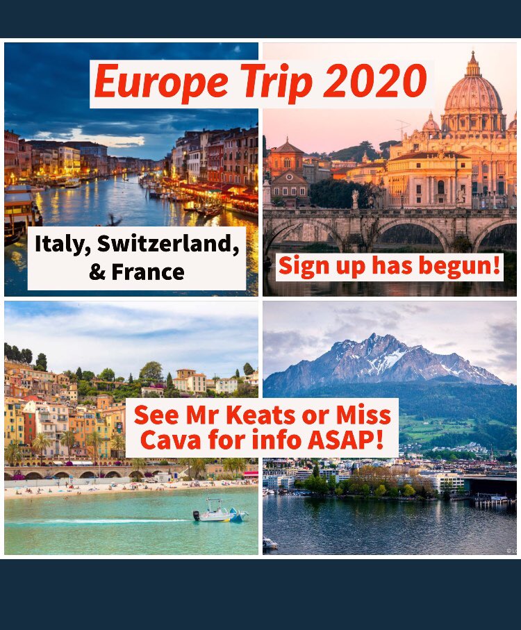 Miss_Cava's tweet photo. Europe 2020 Parent/Student Info Meeting: Weds April 24 @ 6:00pm in the Learning Commons! If you are interested in attending our awesome trip to Italy, France, and Switzerland you should definitely be there #wearecardinals #eurotrip2020 @KeatsCam @SABCatholic https://t.co/iQFUTHrW2t