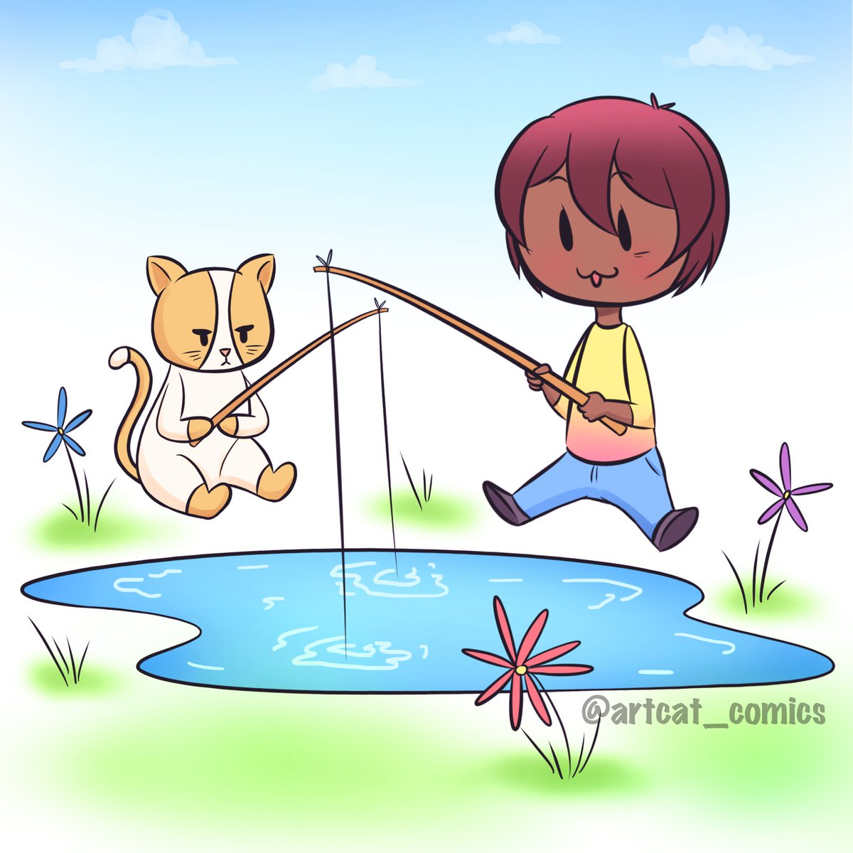 If there's one thing both Amy and Elmer love, is fish.
-
How are you and your pet alike? 
Me and my dog Daisy are both quite stubborn 😆
-
#comic #kidsillustration #funnycomic #catcomic #bible #kidsministry #christian #christiancartoon #christiananime #christiancomic