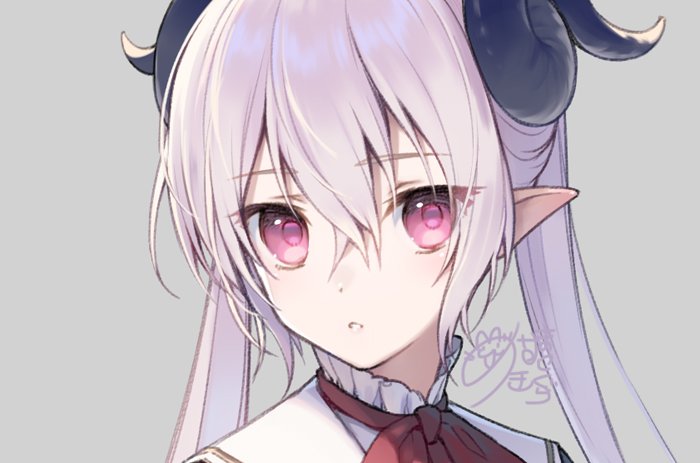 1girl solo horns grey background hair between eyes parted lips twintails  illustration images
