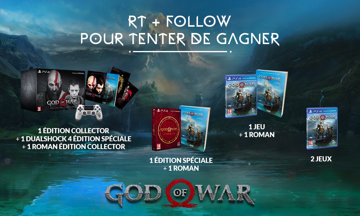 PlayStationFR's tweet image. 🎁 CONCOURS ANNIVERSAIRE 🎂
On fête le 1er anniversaire de #GodofWar sur PS4 !
RT + FOLLOW pour tenter de gagner : 1 Édition Collector, 1 Édition Spéciale, 1 DUALSHOCK 4 Édition Spécial, 3 artbook et 3 jeux !
TAS le 29/04 👉 po.st/Md
Bonne chance 🍀
