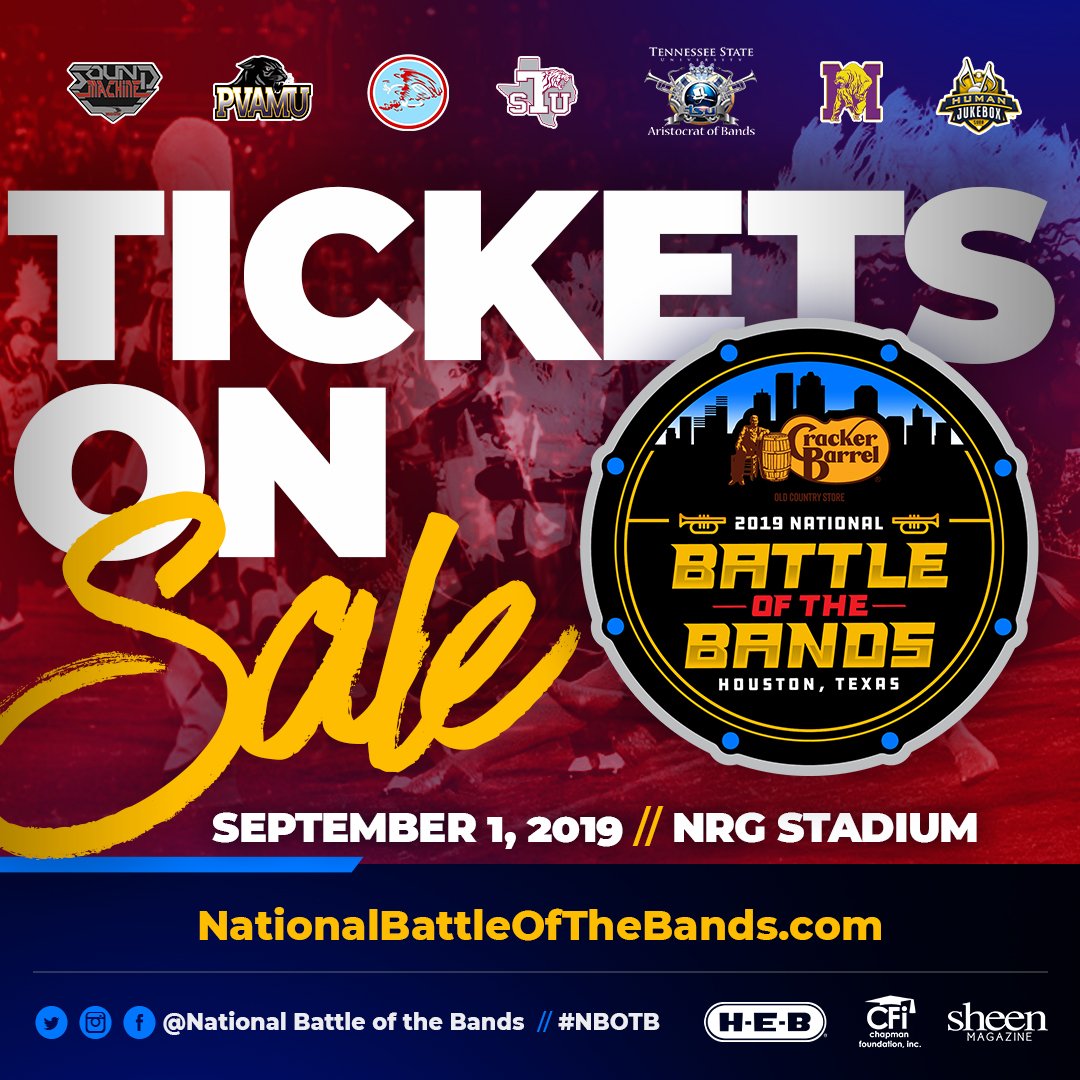NationalBOTB's tweet photo. The wait is over! Tickets on sale: https://t.co/RwxS10cPis
@crackerbarrel #NBOTB in #HTown on Sept 1 at @NRGPark Stadium⠀
⠀
#OceanofSoul #AOBNation #HumanJukebox #PurpleMarchingMachine #NCCUSoundMachine #MarchingStorm #TheGreatTornado #HBCU #HBCUBands #HBCUPride https://t.co/NtJXlV6zyv