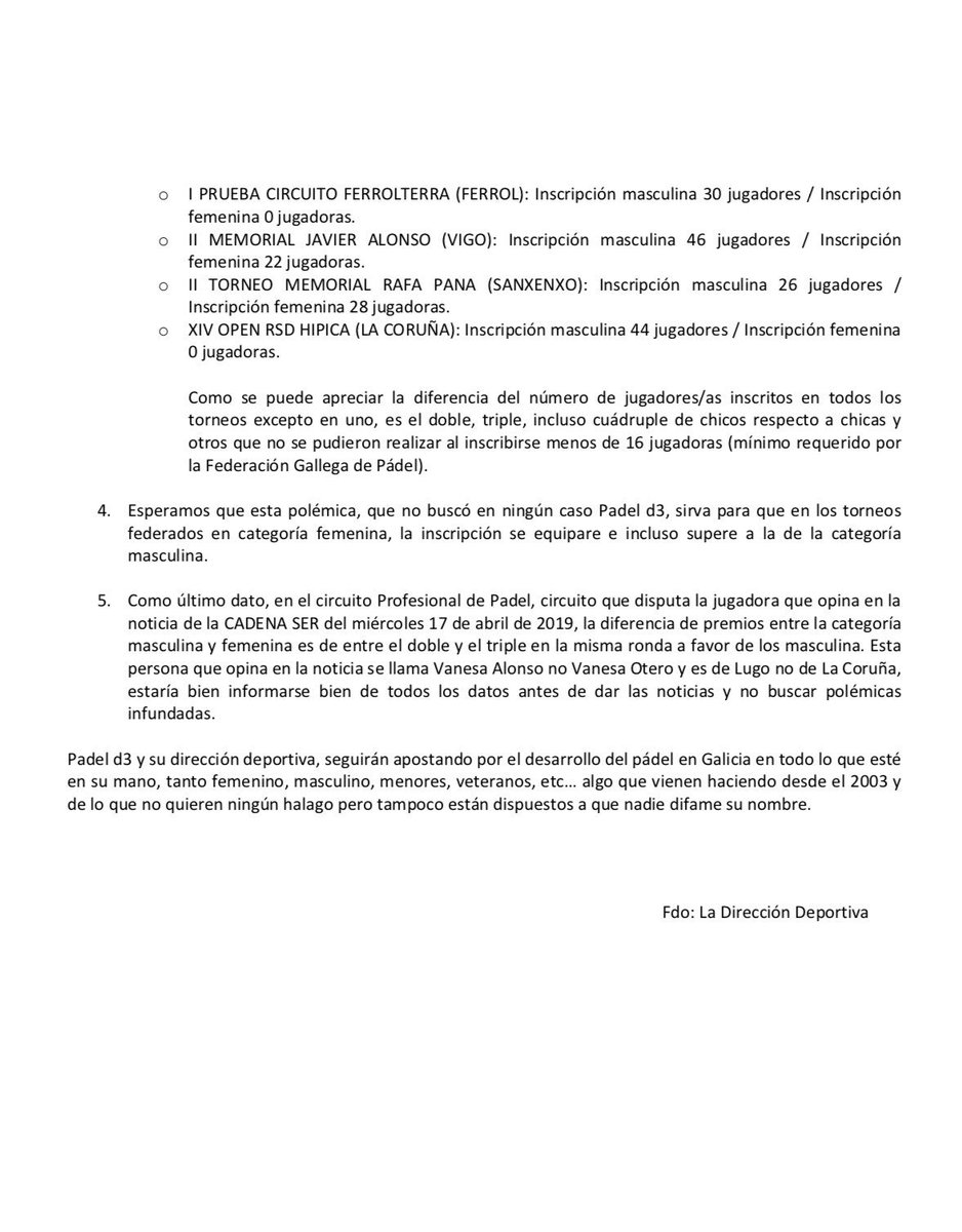 📝Comunicado oficial.
Ante la polémica generada por la <a href="/RadioCoruna/">Radio Coruña Cadena SER</a> en su espacio local el 17/04/2019 y difundido por más medios de comunicación como <a href="/laopinioncoruna/">La Opinión A Coruña</a> por los premios del VIII Open de Padel Semana Santa, nos vemos en la obligación de responder a esa noticia.