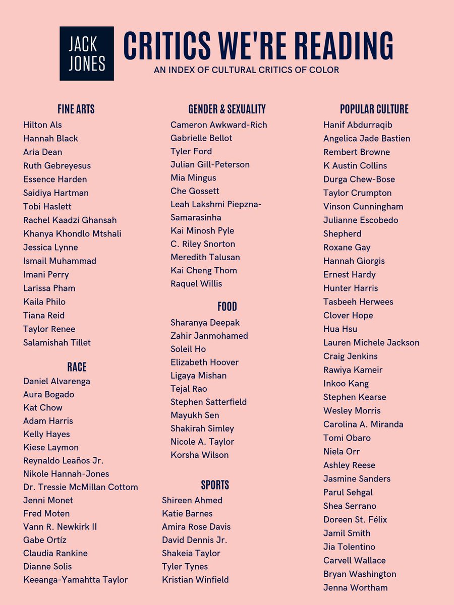 jackjoneslitart's tweet photo. Here's our list of cultural critics of color that we're reading. Some names were left off to make space for lesser known critics. Two of those names are John Keene and Kaitlyn Greenidge, our speakers. Some names were left off bc we don't know them yet. Help us grow our index! https://t.co/XIWajDFxby