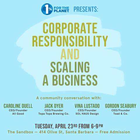 sandboxsb's tweet photo. Join us and local @1PercentFTP partners for Corporate Responsibility &amp; Scaling a Business. We'll hear from four CEO's of regional brands that are 1%FTP members. This free event is at THE SANDBOX on April 23 from 6pm-9m. 
https://t.co/zreElC1EZV https://t.co/EoKulqlWhs