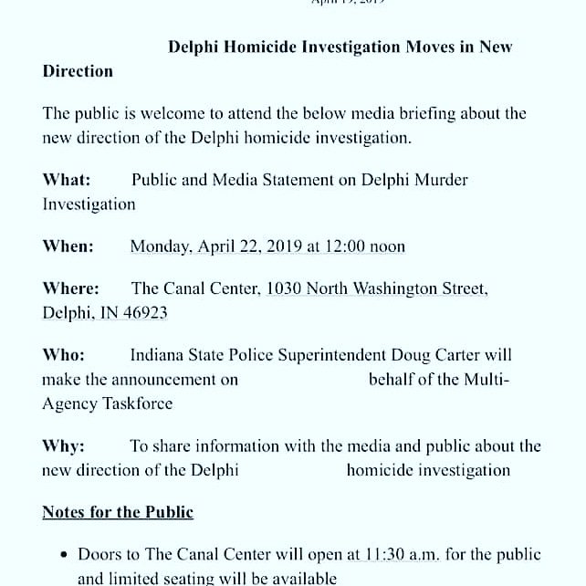 's tweet image. Delphi updates..
Monday there will be a press conference..
Let&apos;s hope &quot; Today is The Day&quot;
#abbyandlibby 
#delphistrong
