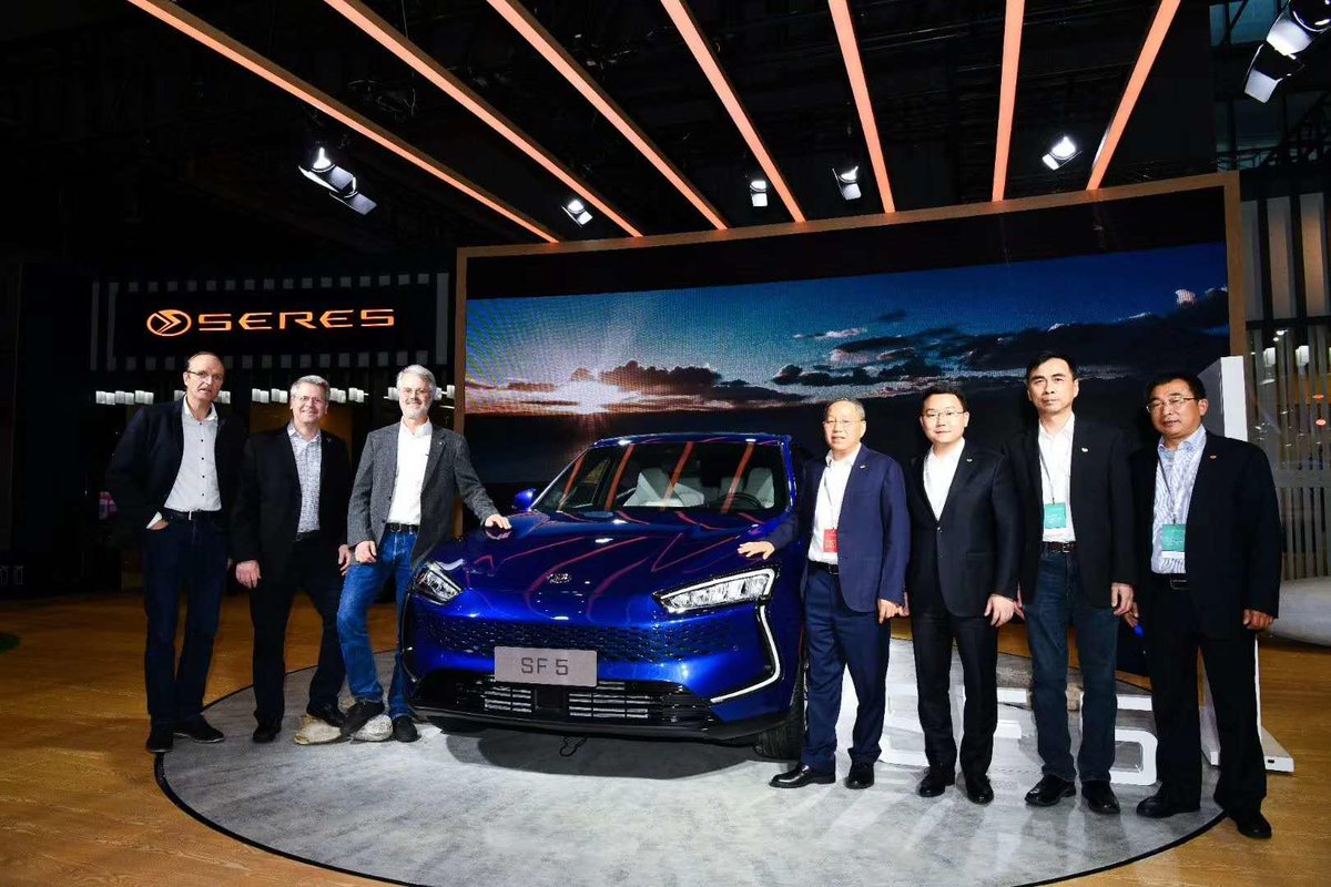SERESeps's tweet photo. We took the stage at the Shanghai Auto Show to unveil our new name: SERES, and launch our first production vehicle in China. Here’s a first look at the SERES SF5 with CEO John Zhang, CTO Yifan Tang and Tiveni Founder /CTO Martin Eberhard. #ElectricVehicle #SF5 #ev4all https://t.co/kKrygaprUx