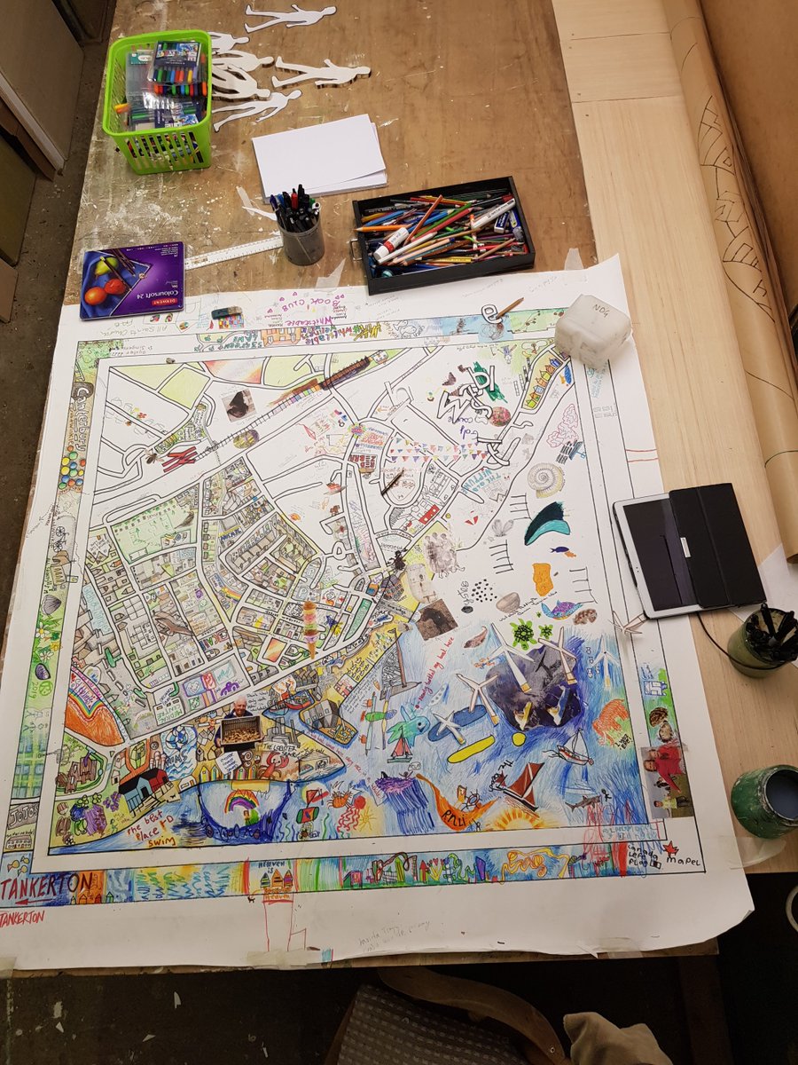 robturner's tweet photo. The Peoples Map of Whitstable #whitstablewellnessweek slowly taking shape. Worked on by adults, children, animals, artists and members of the public. Whitstable through the eyes of the people who live there. @BeWellKent @horsebridge @escapetocreate hard to find room for everythin https://t.co/o4nUdgF0KX