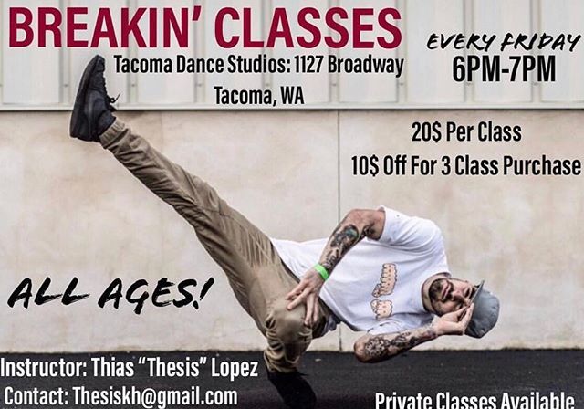 Breakin’ class tonight with @bboythesis at 6pm! #adultdance #dance #breakin #breakdance #breakdancer #tacomawashington #tacomamoves bit.ly/2IvE3Ya