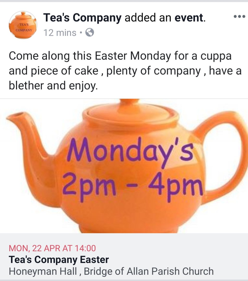 ScompanyTea's tweet photo. Tea's Company is open on Easter Monday , same time , same place. @TownBreak @StirlingCarers https://t.co/Y5yjzYdQrM