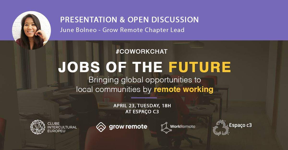 junebolneo's tweet photo. Let's talk about distributing job opportunities. Espaço c3 is hosting a #coworkchat next week with Grow Remote PT. Come join us this Tuesday.
https://t.co/mR2EfFncY6 #RemoteJobs #remotework #Remoteworking #remoteworker #growremote @GrowRemoteIrl https://t.co/S8xpILU2b4